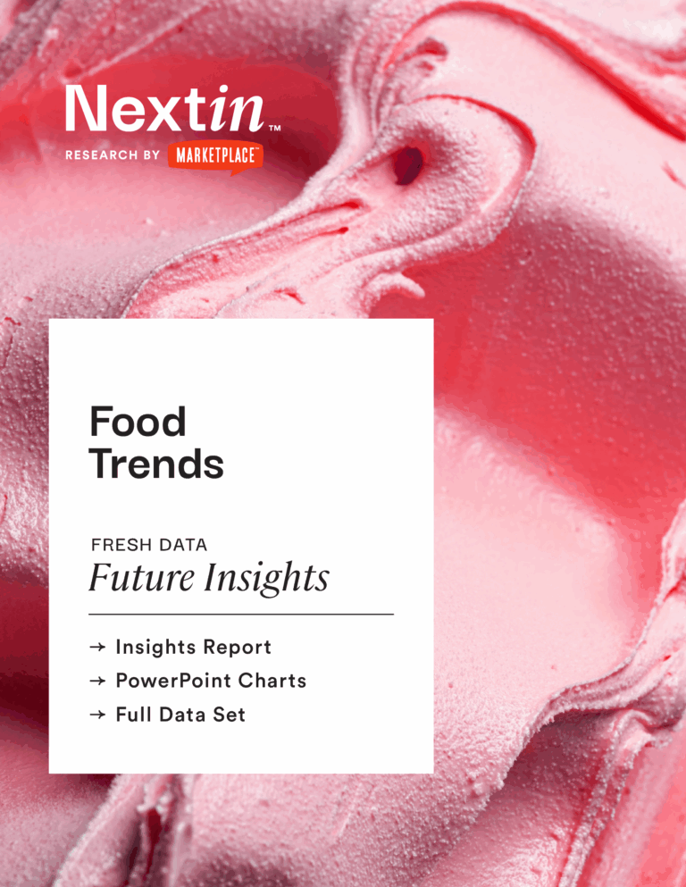 This is the cover of food trends research available for licensing from Nextin Research by MarketPlace. Following the Nextin Research by MarketPlace logo, text in a white box reads: Food Trends. Fresh data. Future insights. - Insights Report - PowerPoint Charts - Full Data Set Behind the white box is a macro photograph of pink ice cream that fills the background of the Nextin food trends thumbnail.