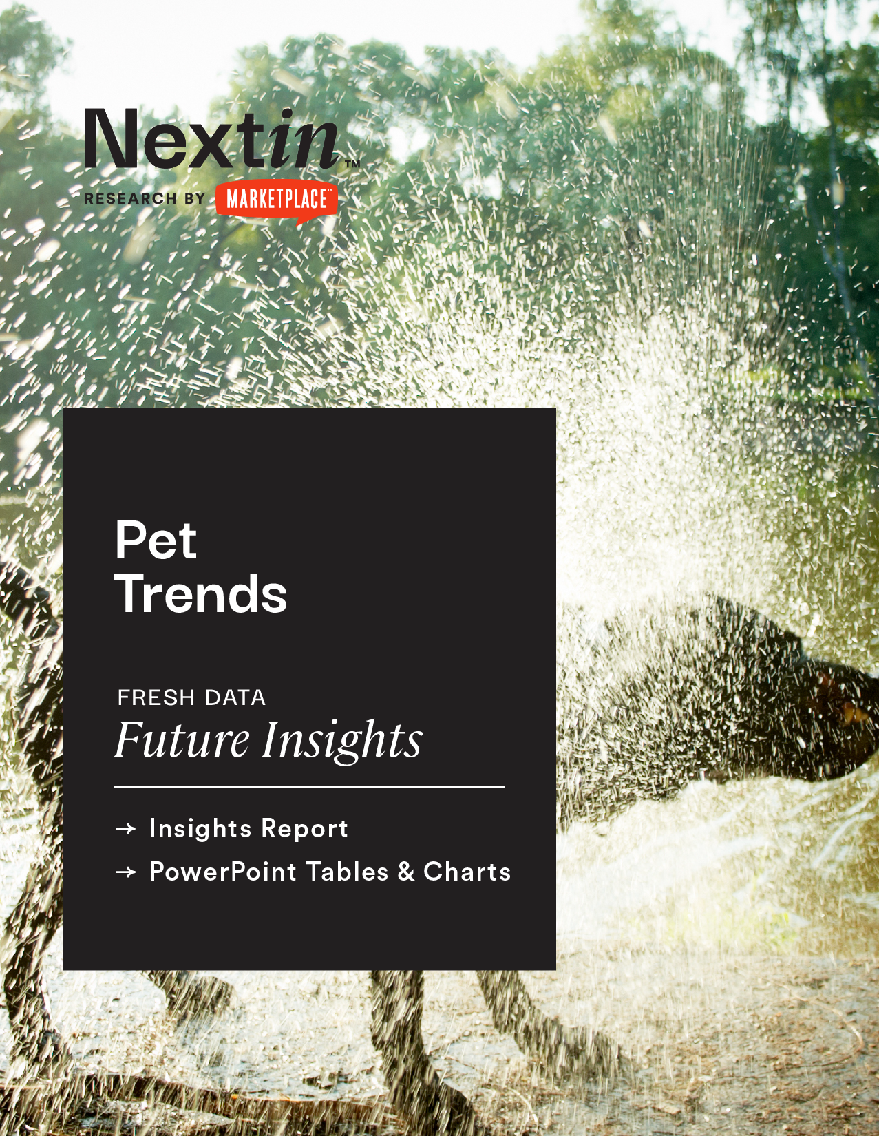 This is the cover of pet trends research available for licensing from Nextin Research by MarketPlace. Below the Nextin Research by MarketPlace logo, text in a black box reads: Pet Trends. Fresh data. Future insights. - Insights Report - PowerPoint Charts and Tables. Behind the white box is a photo featuring a silhouette of a mid-size dog, such as a labrador, shaking off after a swim. This image fills the background of the Nextin supplement trends thumbnail.
